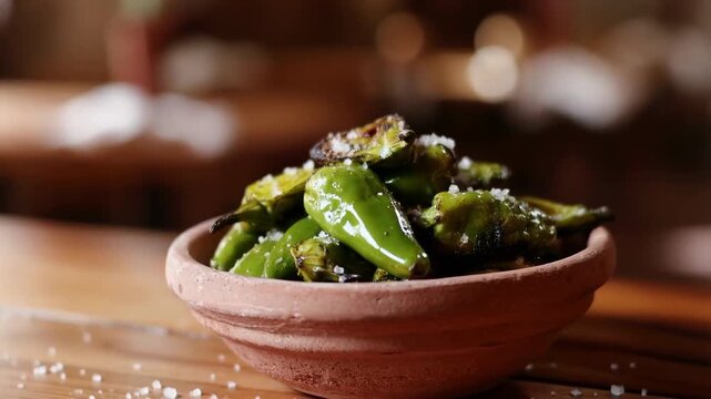 Delicious salted padron peppers appetizer dish