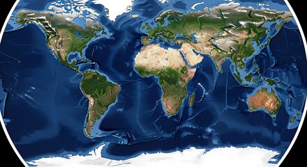 Detailed World Map Depicting Landmasses, Oceans, and Geographic Features