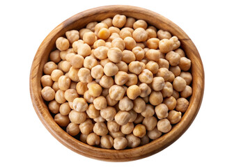 A rustic wooden bowl overflowing with dried chickpeas isolated on transparent background