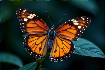 Fototapeta premium A monarch butterfly with orange and black wings rests on a green leaf outdoors.