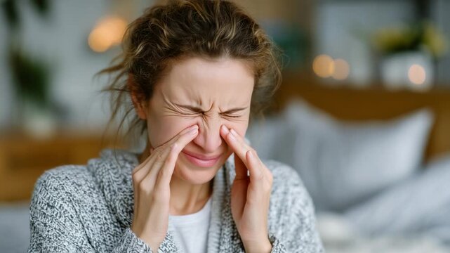 A woman grimaces in sinusitis discomfort after a maritime incident, set against a softly blurred, warm-toned hospital room.