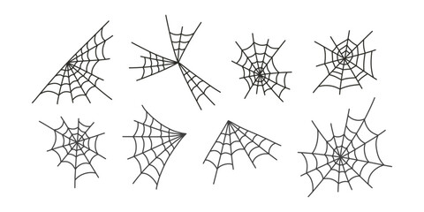 Halloween silhouettes outline spiderweb or cobweb - for design decor. Doodle spider web set, isolated on white background. Hand drawn line art cobwebs. Vector raditional Halloween decorative element.