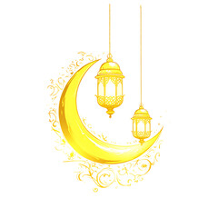 Golden Crescent Moon with Ornate Swirls and Hanging Lanterns yellow cutout PNG isolated on a transparent background