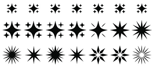 Diverse set of vector graphic elements depicting shimmering light effects. Collection of abstract starbursts, twinkles, and magic glints for creative design