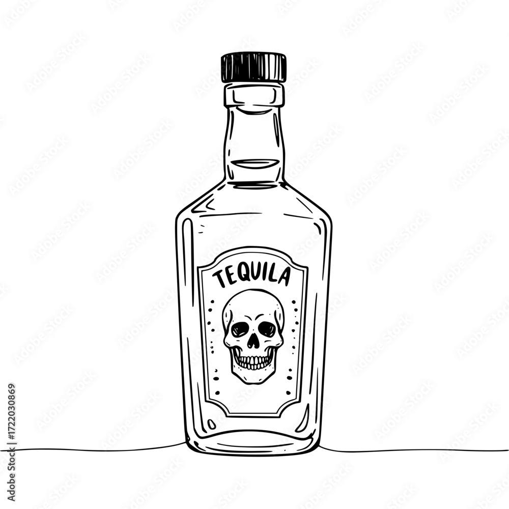 Poster Tequila bottle with skull design, pencil drawing on the theme of the Day of the Dead, isolated vector image on a transparent background
