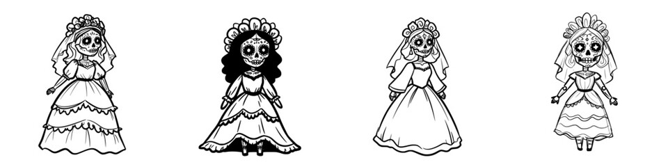 Fototapeta premium Four stylized skeleton brides in wedding dresses for Day of the Dead concept, seamless pattern, set of images 