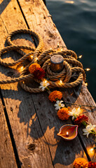 A rustic wooden dock adorned with rope, lights, flowers, and a diya, creating a warm and festive scene