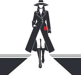 Elegant fashion illustration of stylish woman in trench coat and wide brim hat walking with confidence