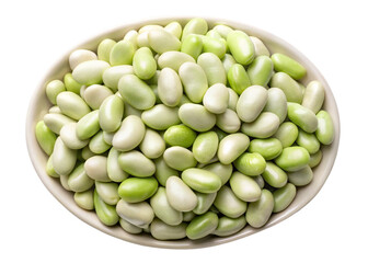 A white bowl filled with fresh lima beans showing their plump and oval shape isolated on transparent background