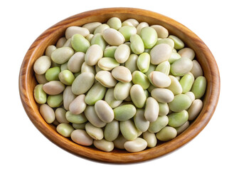 A rustic wooden bowl filled with fresh lima beans isolated on transparent background