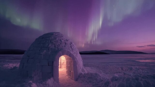 off-grid igloo with glowing entrance under northern lights at twilight  