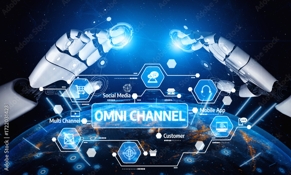 Poster a futuristic representation of robotic hands interacting with a digital omni channel network, showca