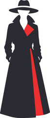 Fashionable silhouette illustration of stylish woman in coat and hat with bold red modern vector art