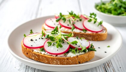 Healthy, vibrant sandwiches with radish and sprouts