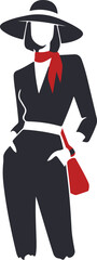 Stylish Woman Illustration Wearing Hat Red Scarf and Handbag Elegant Fashion Silhouette Artwork