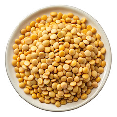A white ceramic bowl filled with dried yellow split peas isolated on transparent background