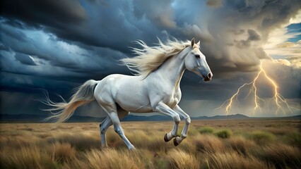 Majestic White Horse Galloping Freely Across a Golden Field Under a Dramatic Sky with Lightning Strikes During a Powerful Thunderstorm