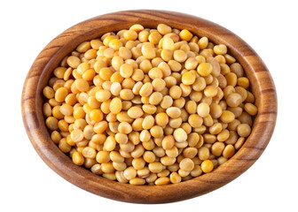 A top view of dried yellow split peas filling a rustic wooden bowl isolated on transparent background