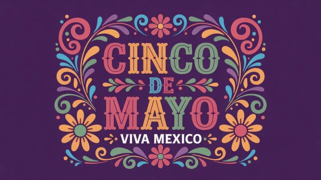 Colorful cinco de mayo celebration with floral decorations and viva mexico text