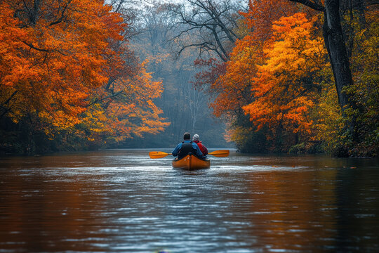 Man paddling a canoe on a serene river.