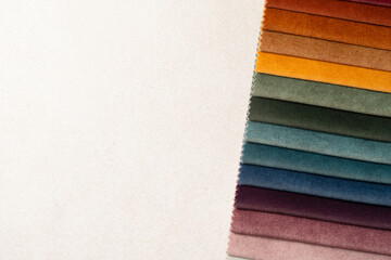 Textile swatches background with copy space. Smooth color gradients for furniture upholstery, interior design, and home decoration.