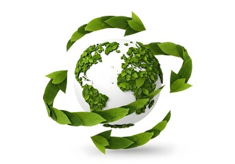 Green planet earth with recycling arrows made of leaves isolated on white background