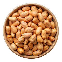 A top view of a wooden bowl overflowing with raw unshelled peanuts isolated on transparent background