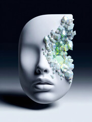 Detailed render of an abstract human face covered with crystals against a dark background in a photorealistic style