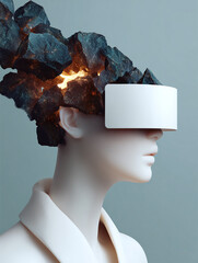 Futuristic head design featuring abstract rocks illuminating from a virtual reality headset in a modern setting