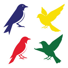 Four colorful bird silhouettes featuring blue red yellow and green winged avian designs