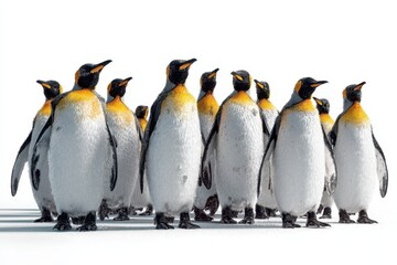 Fototapeta premium Colony of king penguins gathered together on a white landscape in a remote, icy region during the cold season