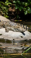 Obraz premium Crocodile Basking on a Rock in a River.