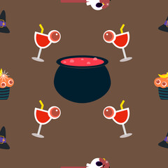 A seamless Halloween pattern featuring pumpkins, bats, ghosts, and spooky elements in festive colors. Perfect for seasonal backgrounds and decorations.