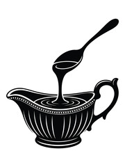 Gravy boat with spoon pouring rich brown sauce