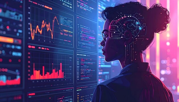 AI Woman Analyzing Digital Data Dashboard Futuristic Technology Concept Cyberpunk