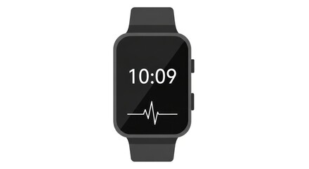 Sleek black smartwatch displaying digital time 10:09 and a white heart rate monitor on its screen, set against a pristine white background, perfect for themes of health, fitness, and modern wearable t