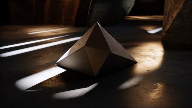A metallic pyramid with smooth edges stands on a concrete floor illuminated by sunlight streaming through gaps, casting sharp contrasting shadow lines