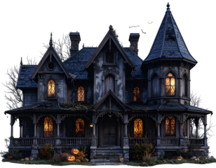 A spooky Victorian-style mansion adorned with glowing and Halloween decorations, creating an eerie atmosphere.