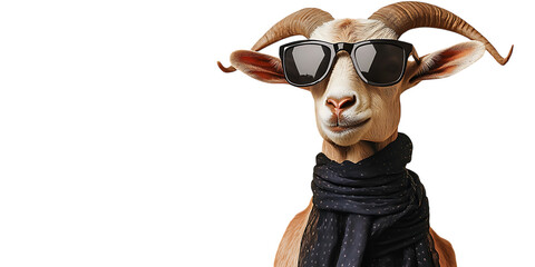 Goat with horns wearing sunglasses and dark scarf animal brown cutout PNG isolated on a transparent background