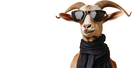 Goat with horns wearing sunglasses and dark scarf animal brown cutout PNG isolated on a transparent background