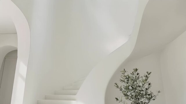 White spiral staircase with arched walls and a small olive tree