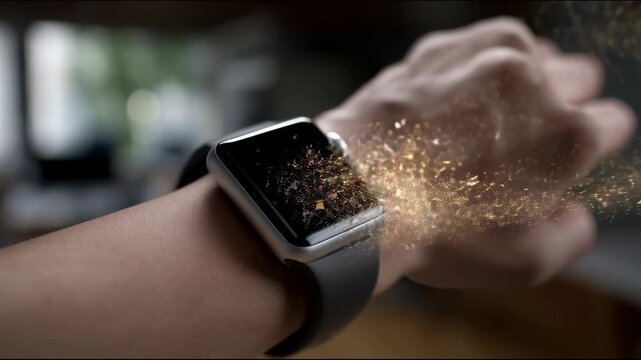A smartwatch on a person’s wrist begins to disintegrate into tiny fragments and sparks, creating a vanishing effect