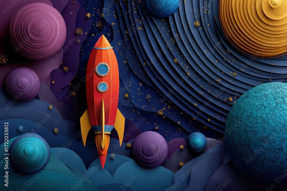 Poster creative paper art depicting a colorful rocket exploring a vibrant outer space setting with various 