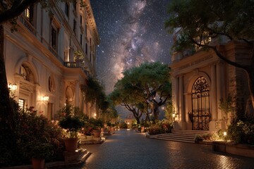 Fototapeta premium Palazzo Verde illuminated by soft lights under a starry night sky showcasing the beauty of architecture and nature in a tranquil setting