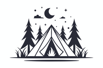 Camping Tent in Forest at Night with Stars and Moon Silhouette