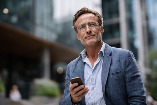 Mature businessman using smartphone while standing outside an office building in a modern urban area during the daytime