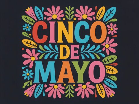 Colorful cinco de mayo lettering surrounded by vibrant floral decorations and leaves