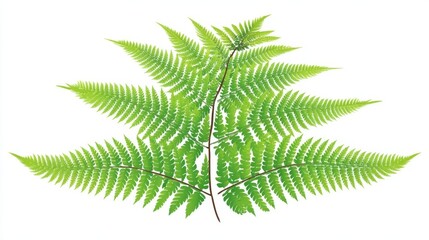 A vibrant green fern frond unfurls its delicate leaflets in a symmetrical pattern against a clean white background.