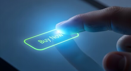 Close-up of finger clicking buy now button on glowing screen.