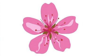 A vibrant pink five-petal flower with a detailed stamen structure, isolated on a clean white background, resembling a cherry blossom.